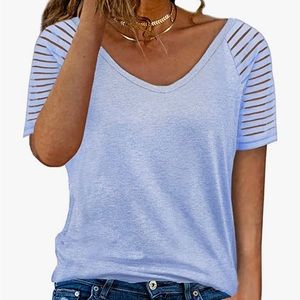 Short-Sleeve V-Neck Blue Shirt Size Small Adorable Sheer Sleeve Detail